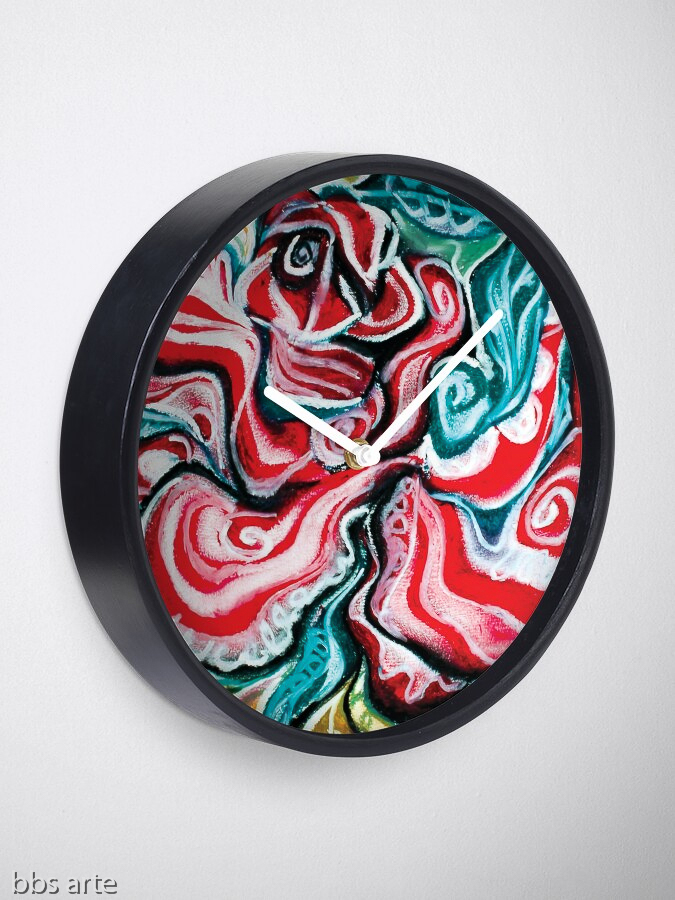 xmas wall clock with Christmas colors abstract image in tones of red green, white, black and yellow