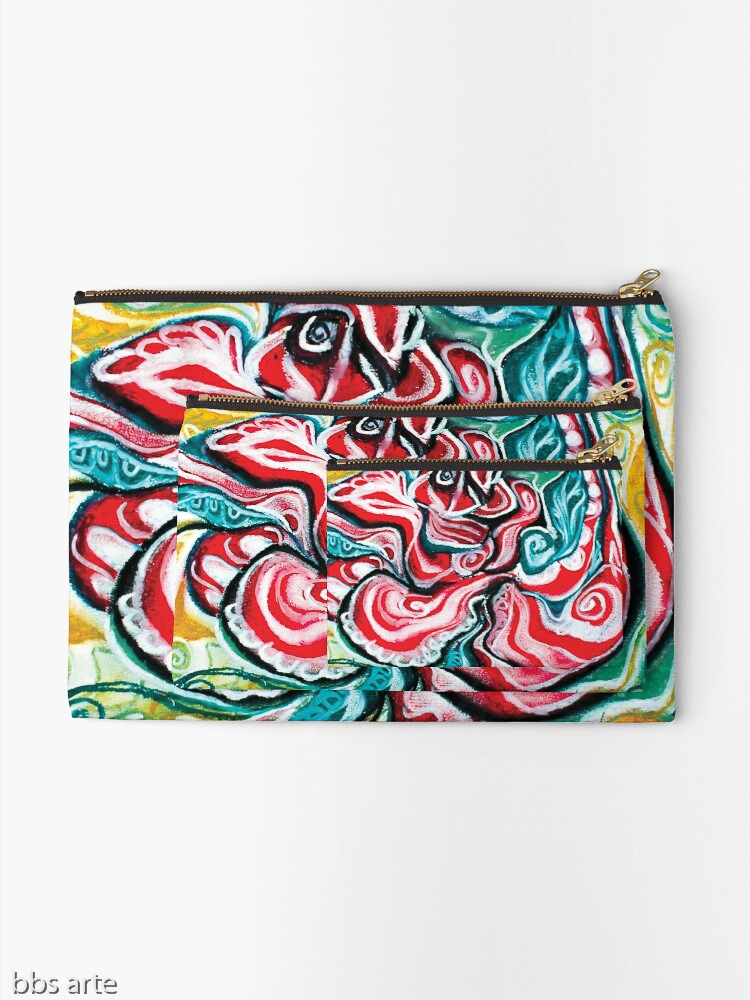 zipper pouches with Christmas colors abstract image in tones of red green, white, black and yellow