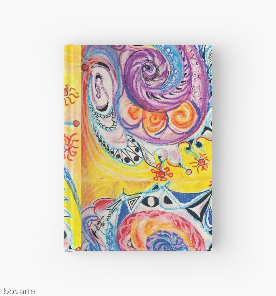 closed hardcover journal with bright multicolored abstract design in red, white, orange, pink, black, blue, light blue and purple tones with circles and concentric shapes, on yellow background, with nuances