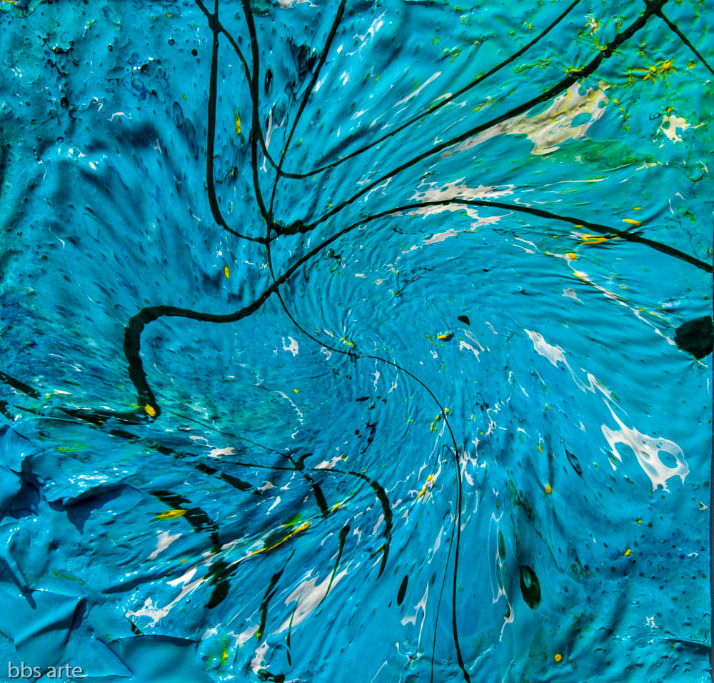 black lines and blue waves converging into central rising blue vortex with green shades and white spots