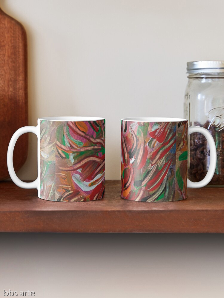 classic mugs with flaming vortex pattern in tones of red, white, green, orange, yellow, brown and black