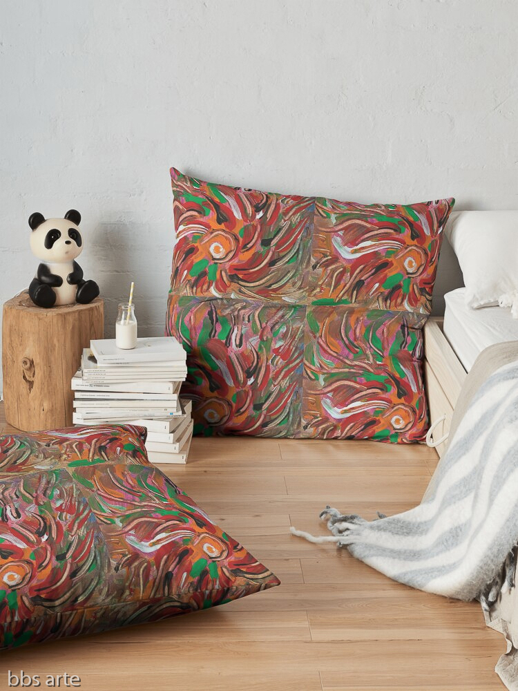 floor pillows with flaming vortex pattern in tones of red, white, green, orange, yellow, brown and black