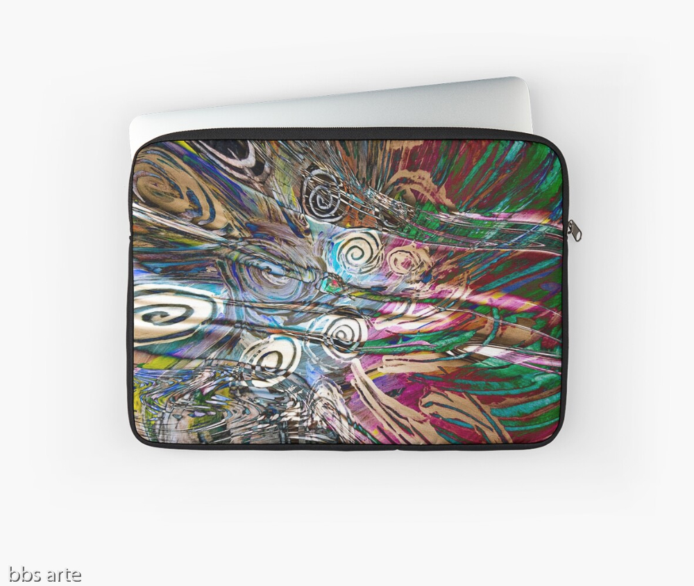 laptop sleeve with abstract fluid energetic flow design with concentric shapes in tones of white, brown, pink, dark red, light blue, green and black