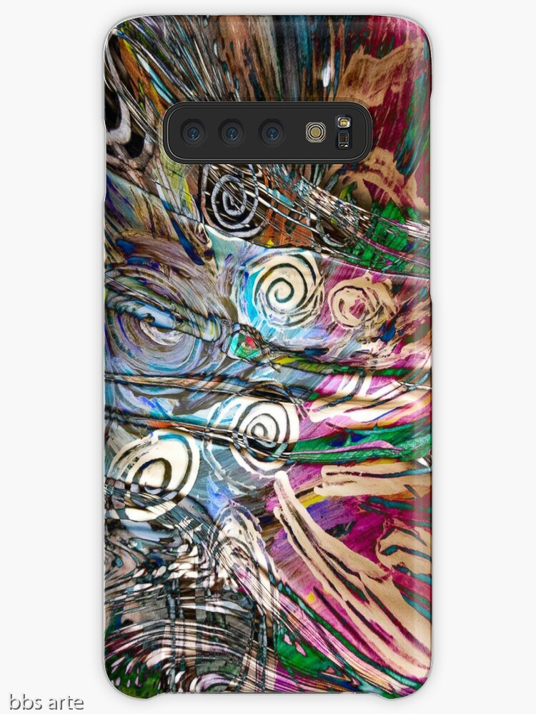 Samsung Galaxy case with abstract fluid energetic flow design with concentric shapes in tones of white, brown, pink, dark red, light blue, green and black