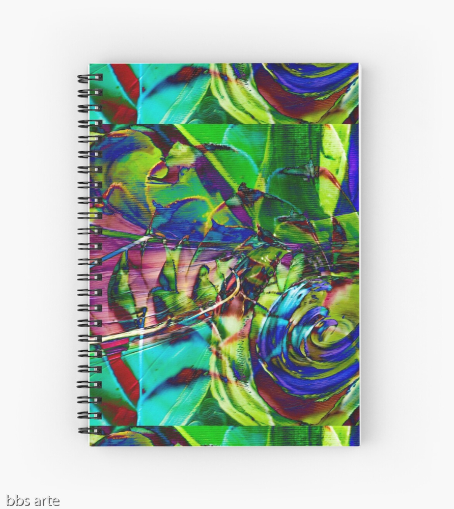 spiral notebook with abstract shapes composition pattern with swirls of green, blue, purple and fuchsia, with shades