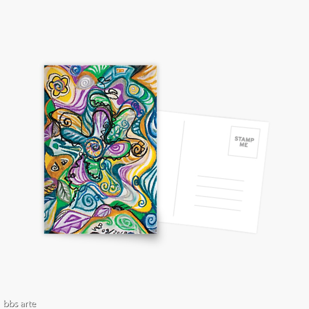 multicolored postcard with curved shapes and bended lines abstract wavy design composition in tones of blue, yellow, green, white, purple and black
