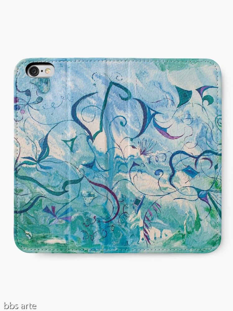 opened iPhone wallet with orient impressions abstract design in blue and green shades with floating shapes