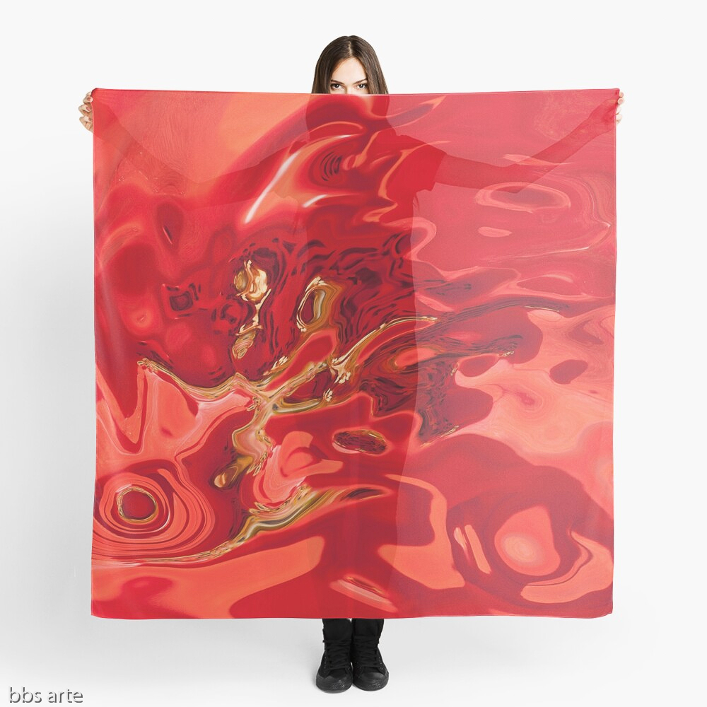 scarf in deep red tones with fluid shapes, black spots and yellow lines