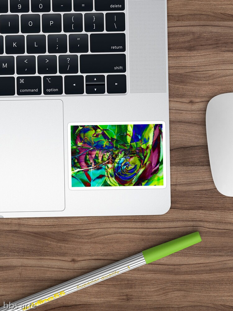 sticker with abstract shapes composition pattern with swirls of green, blue, purple and fuchsia, with shades