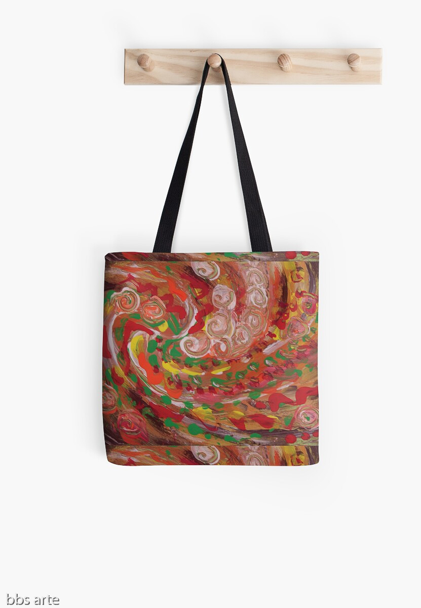 tote bag with swirling curls design, in tones of red, white, green, orange, yellow and brown