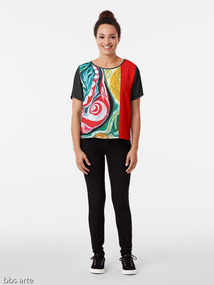 xmas chiffon top for woman with Christmas colors abstract image in tones of red green, white, black and yellow