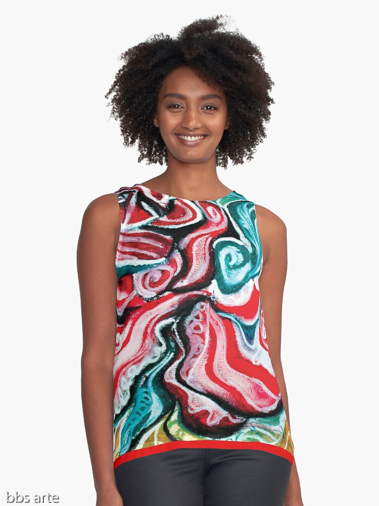 xmas design woman sleeveless top with Christmas colors abstract image in tones of red green, white, black and yellow