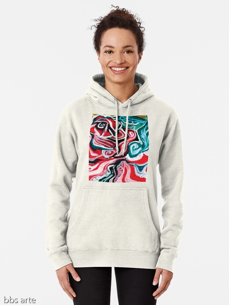 pullover hoodie for woman with Christmas colors abstract image in tones of red green, white, black and yellow