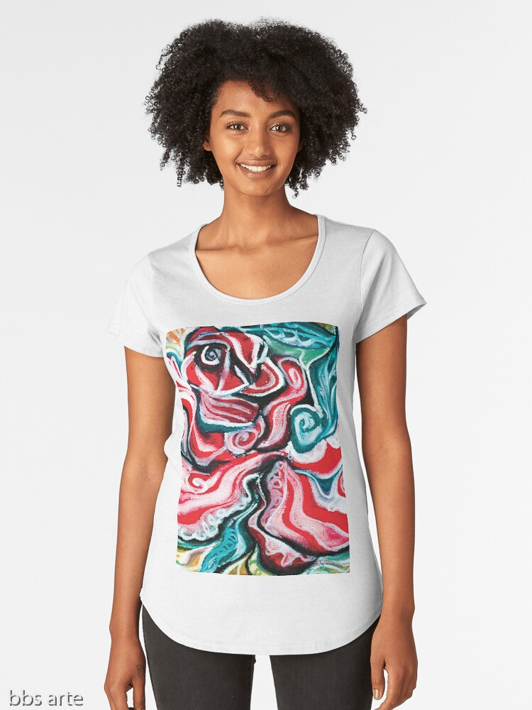 xmas woman scoop t shirt with Christmas colors abstract image in tones of red green, white, black and yellow