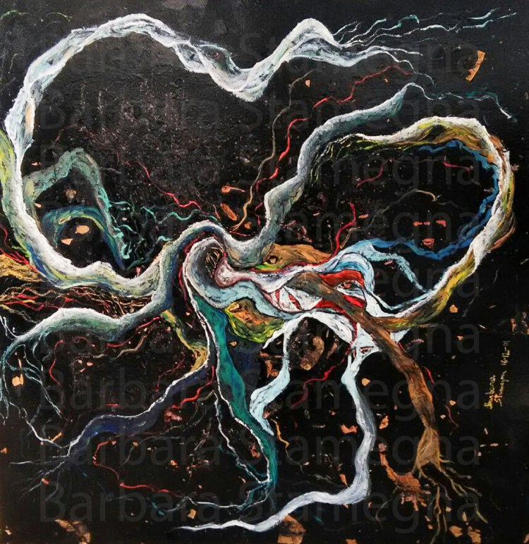 abstract electrical discharges painting in yellow, white, orange, brownish, pink, green, red, blue and light blue colors bending lines on black spotted rough texture background