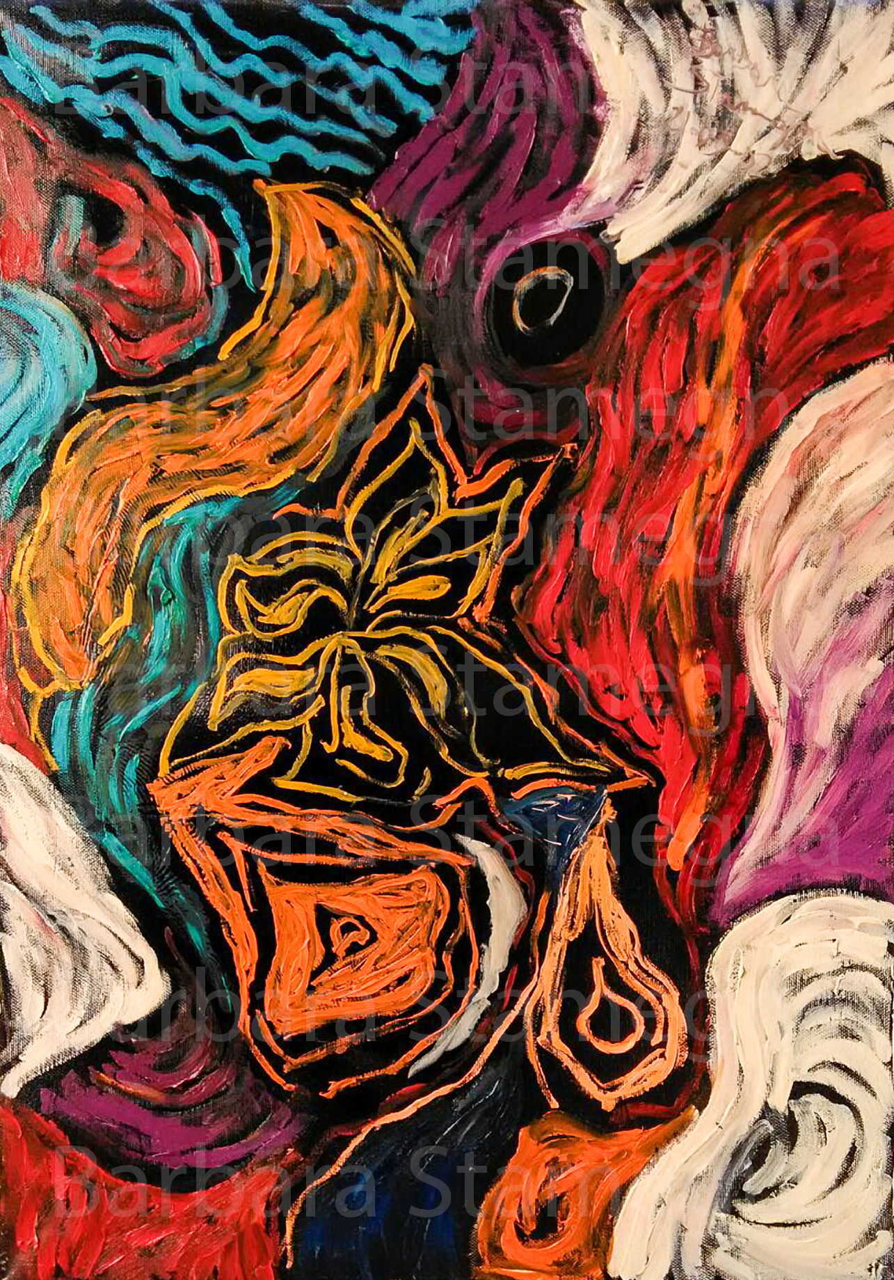 abstract petals on water painting with contrasted fluid curved and rounded abstract multicolored shapes on black background